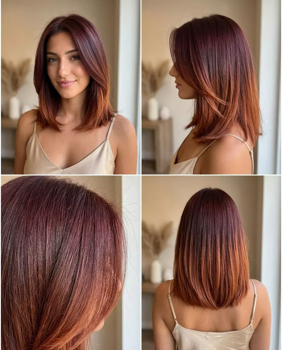 long cut ombre mahogany red with warm copper ends, seamless transition, N/A &mdash; sophisticated elegant outdoor wedding