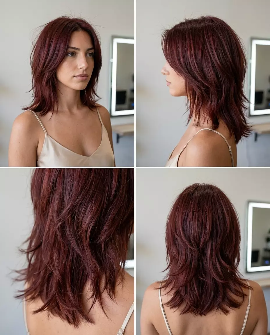 short mahogany layered shag with choppy fringe and razored ends for edgy daily wear