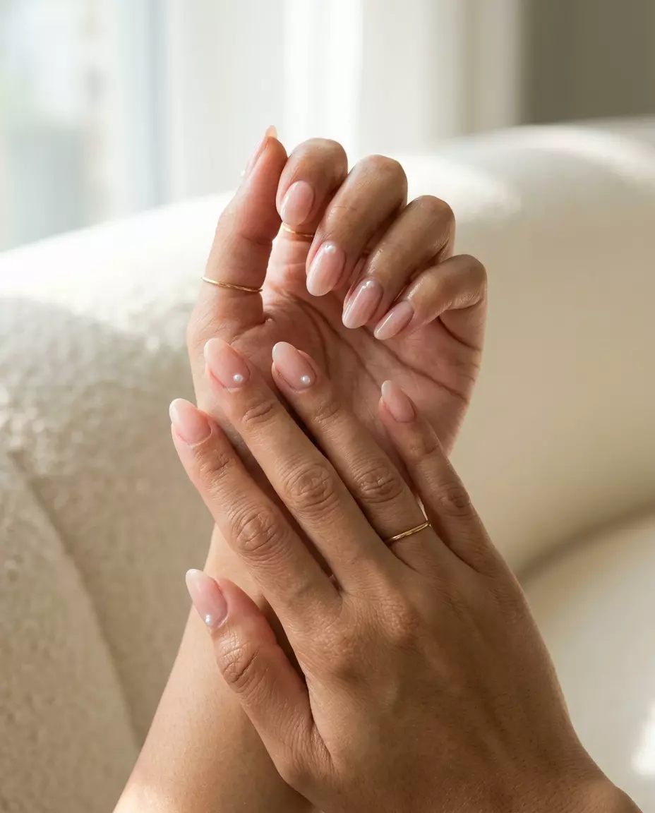 Ballet Pink Pearl Manicure | Summer 2026 Wedding Style Sheer ballet pink manicure with pearl dots for summer 2026 weddings and bridal showers. Ethereal & romantic.