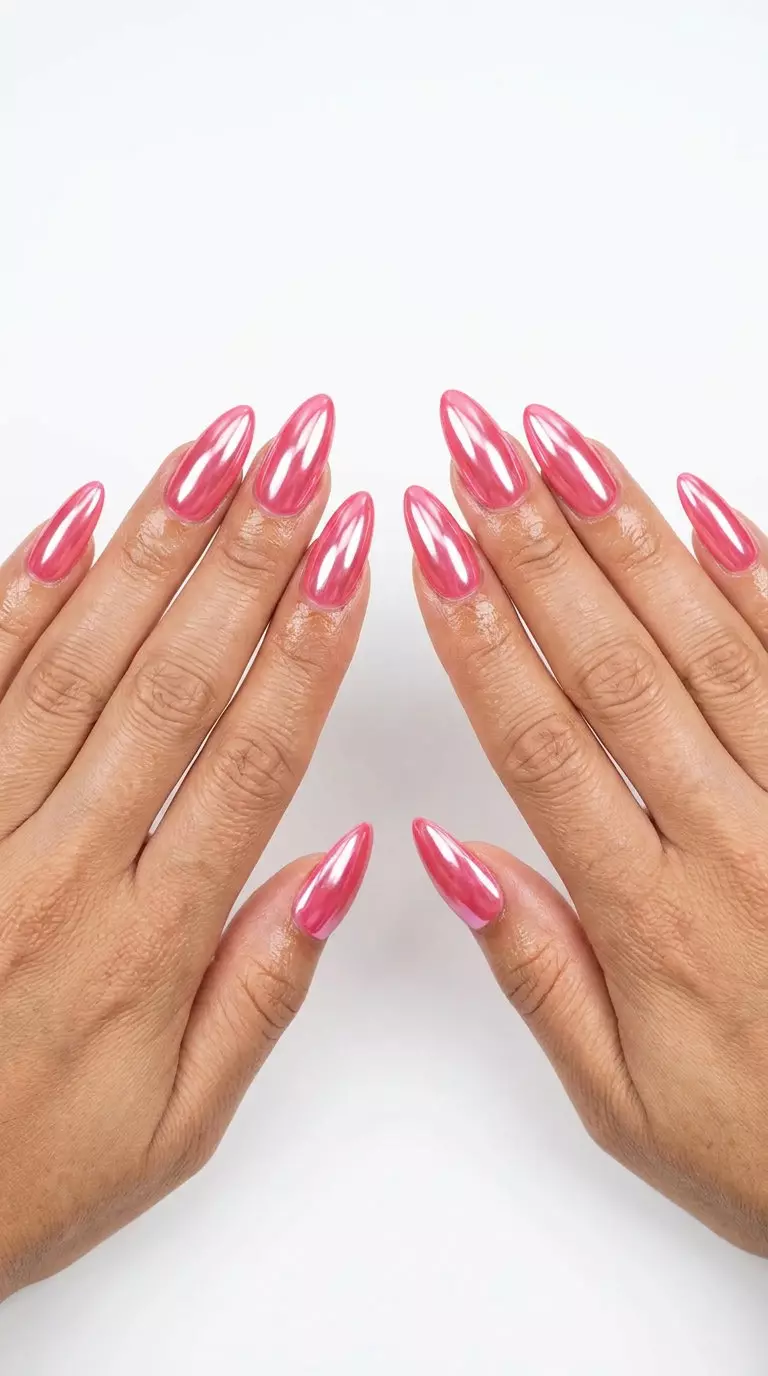 Bubblegum Chrome Pop Manicure Colors Summer 2026 Bubblegum Chrome Pop Stiletto nails, a playful and bold manicure color for summer 2026 parties.
