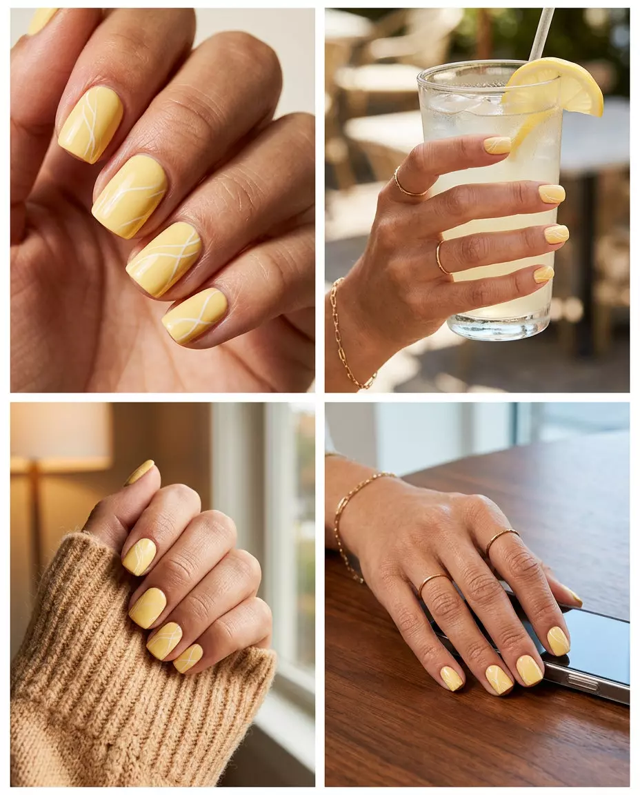 Butter Yellow Abstract Nails | Summer 2026 Casual Chic Butter yellow manicure with abstract white lines for summer 2026 casual outings and work. Minimalist & artistic.