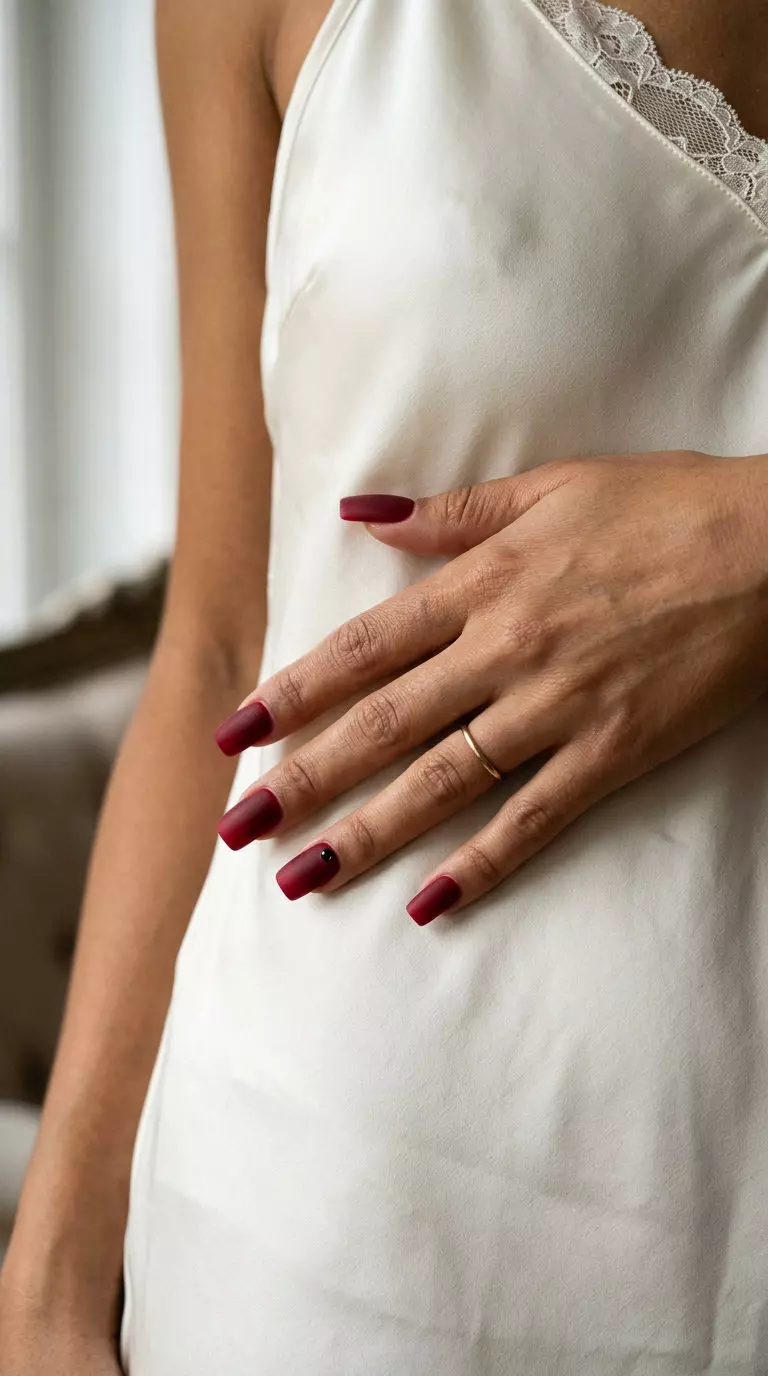 Cherry Coke Matte Manicure Colors Summer 2026 Cherry Coke Matte long coffin nails for date night, a sultry and sophisticated manicure color for summer 2026.