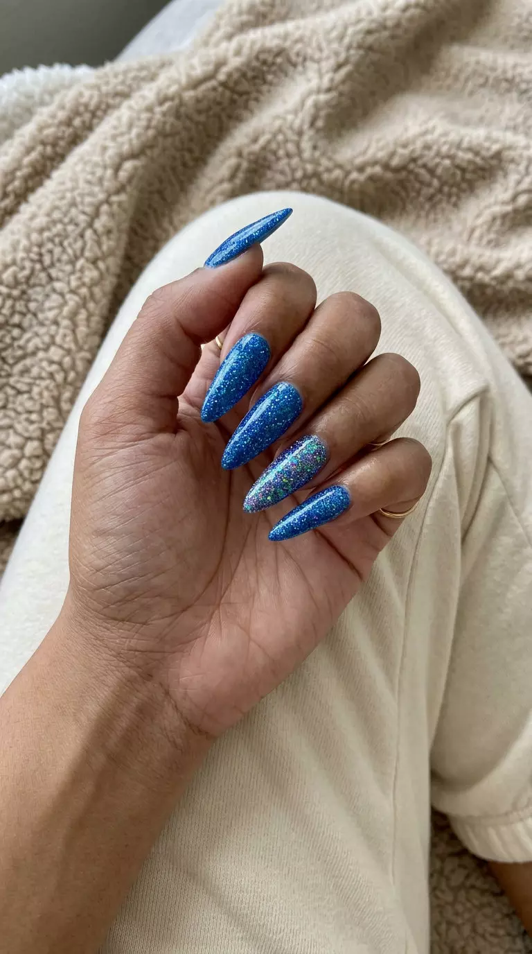 Deep Teal Glitter Accent Nails | Summer 2026 Evening Glam Deep teal manicure with holographic glitter accent for summer 2026 evening events and date nights. Sophisticated & sparkling.