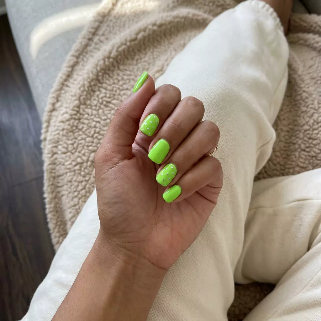 Electric Lime Chrome Dots Manicure Colors Summer 2026 Electric Lime & Chrome Dots nails, an edgy and playful manicure color for summer 2026 festivals.