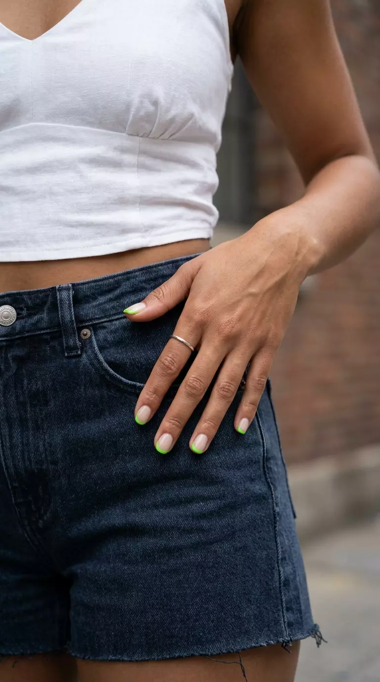Electric Lime Micro French Manicure Colors Summer 2026 Electric Lime Micro French nails, an edgy and playful manicure color for summer 2026 festivals.