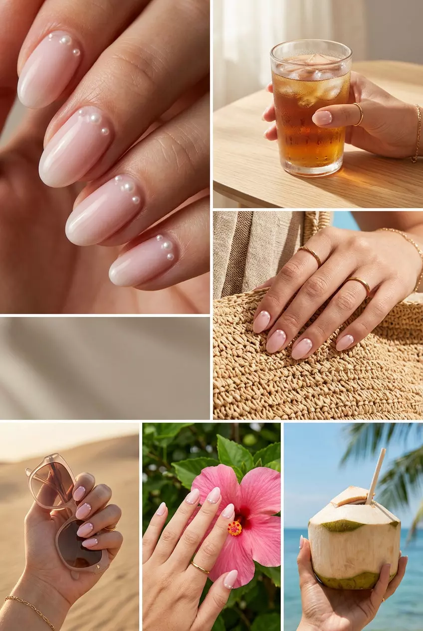 Milky Pink Pearl Accent Nails | Summer 2026 Romantic Milky pink manicure with iridescent pearl accents for summer 2026 weddings and romantic dates. Elegant & ethereal.