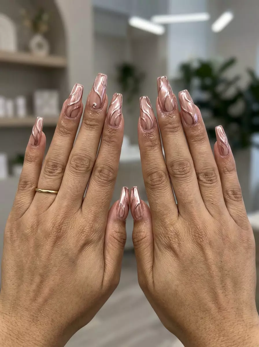 Nude Rose Gold Chrome Swirls | Summer 2026 Glam Chic Nude manicure with rose gold chrome swirls for summer 2026 date nights and parties. Glamorous & modern.