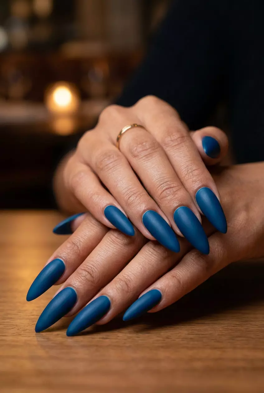 Ocean Blue Velvet Matte Nails | Summer 2026 Sultry Vibe Deep ocean blue velvet matte manicure for summer 2026 date nights and evening events. Sultry & sophisticated.