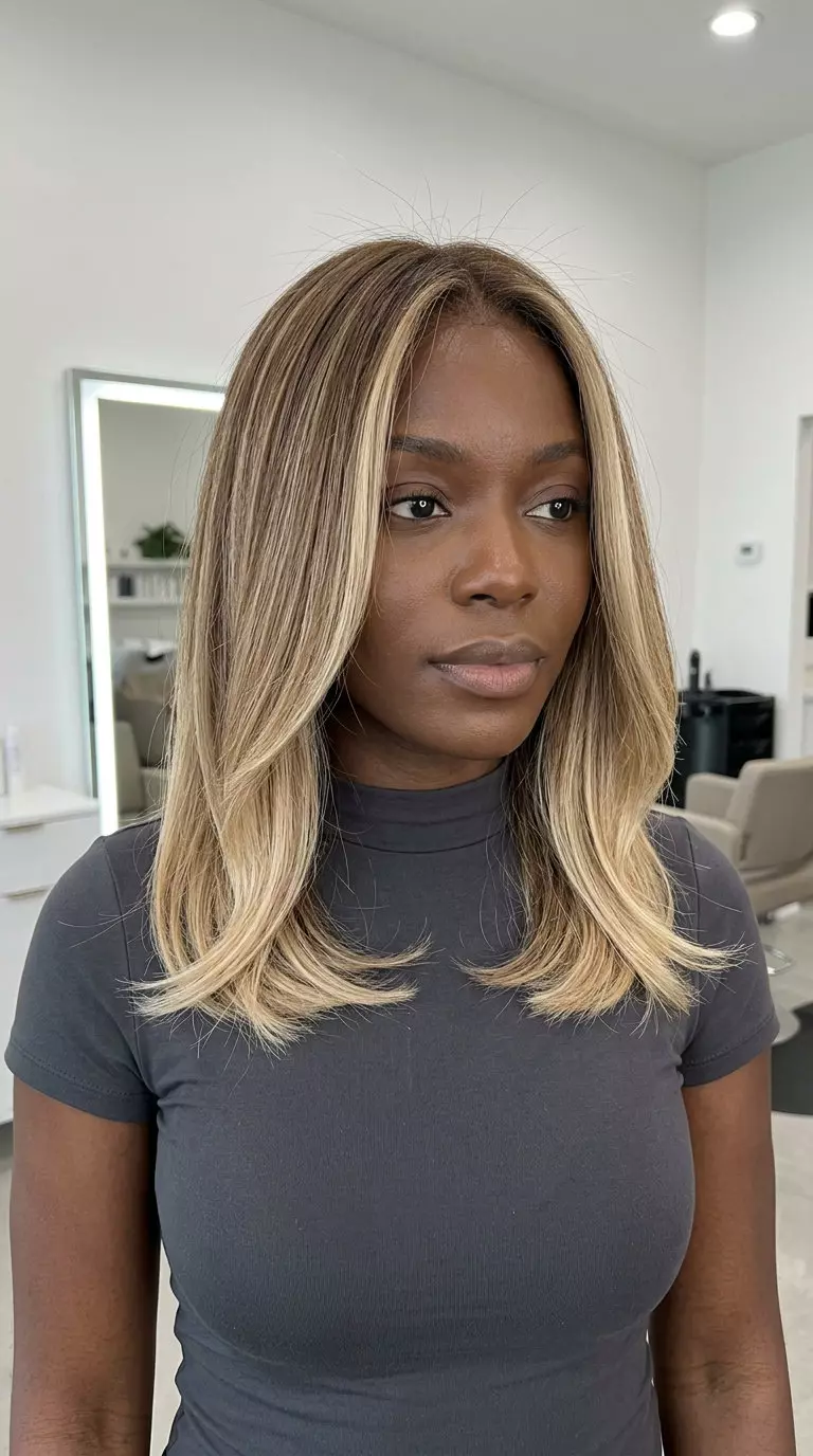 long medium brown hair color with buttery blonde balayage, gold toner, no fringe &mdash; natural