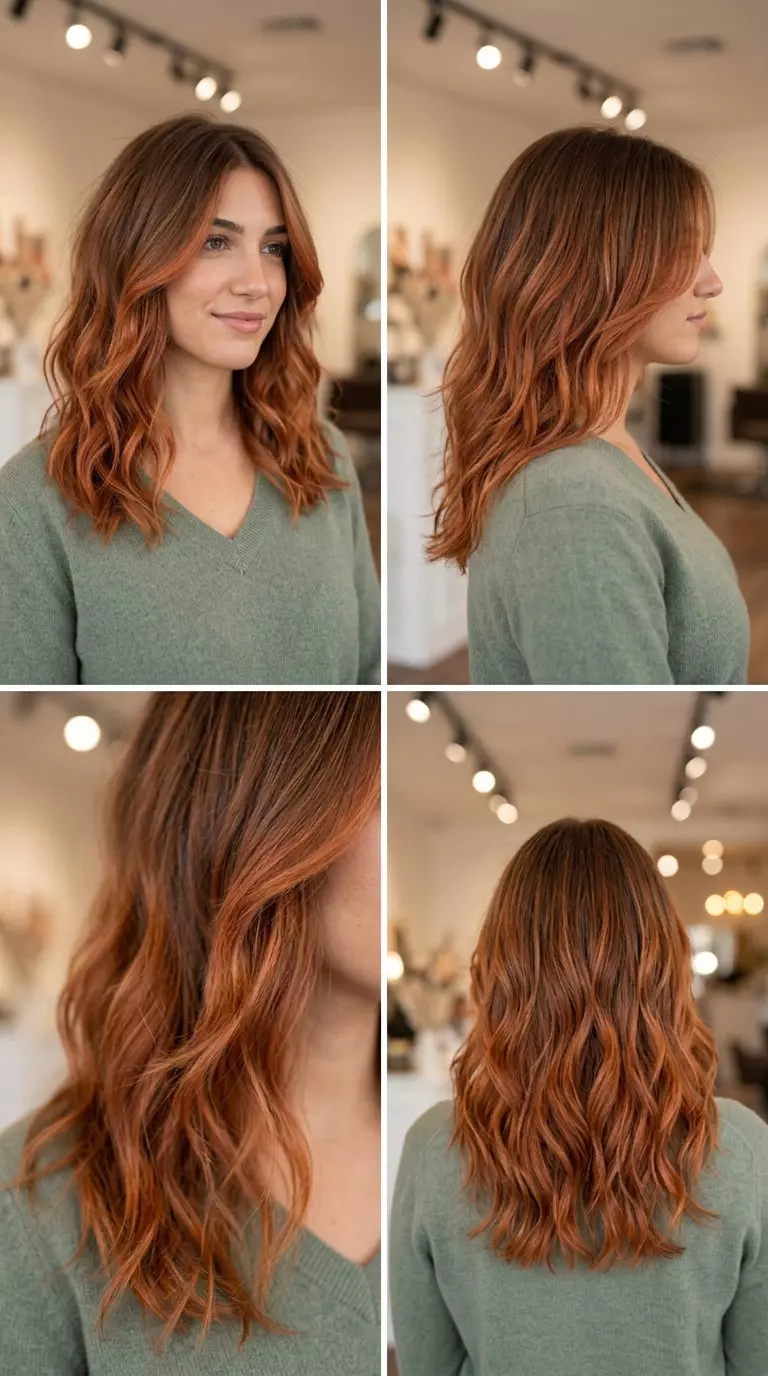 long medium brown hair color with terracotta ombr&eacute;, burnt orange ends, no fringe &mdash; bohemian