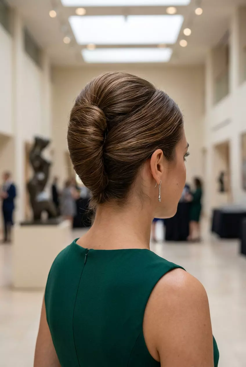 medium brown sculpted french twist with sleek gloss for professional work