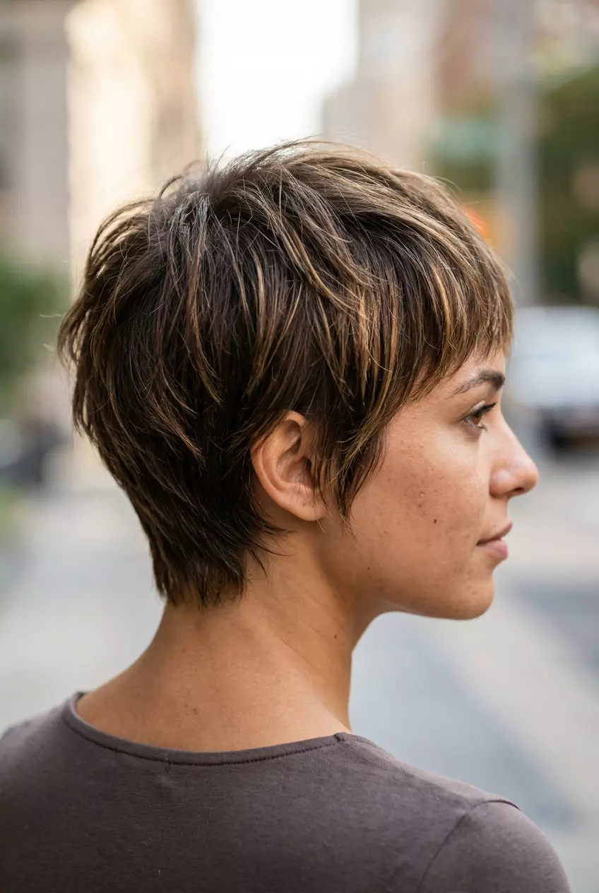 Sun-Kissed Shaggy Pixie 2026 very short shaggy pixie haircut in medium brown with honey lowlights, wispy fringe — edgy & effortless
