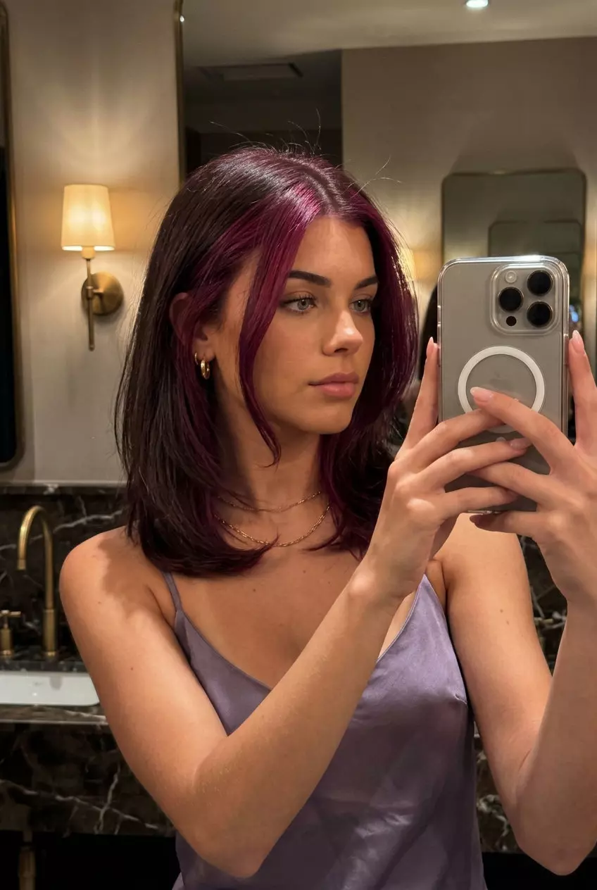 long layered brunette with merlot money pieces, vibrant violet-red face-framing, bold mood