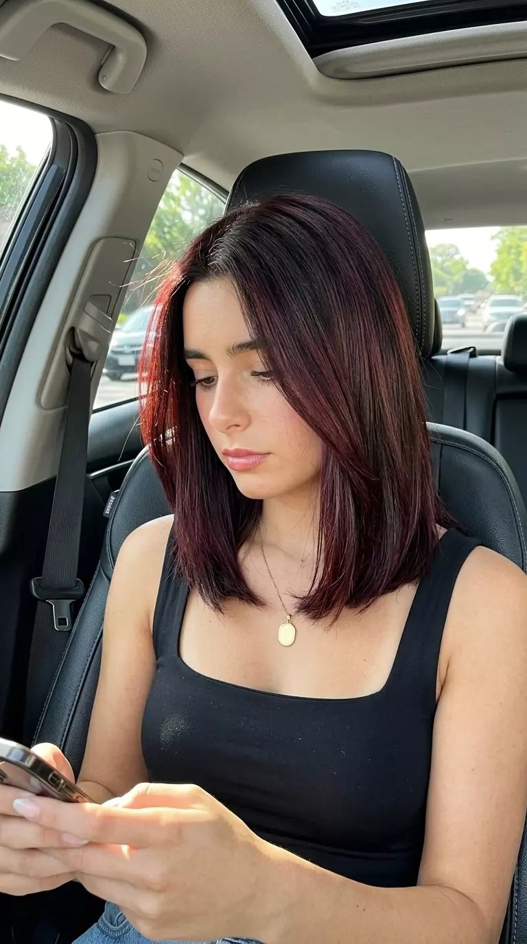 long merlot red balayage with dark chocolate brown base, face-framing, for evening events