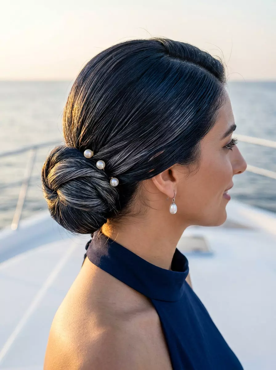 Sleek pearl-adorned low bun in midnight blue-black with high-gloss finish for formal events