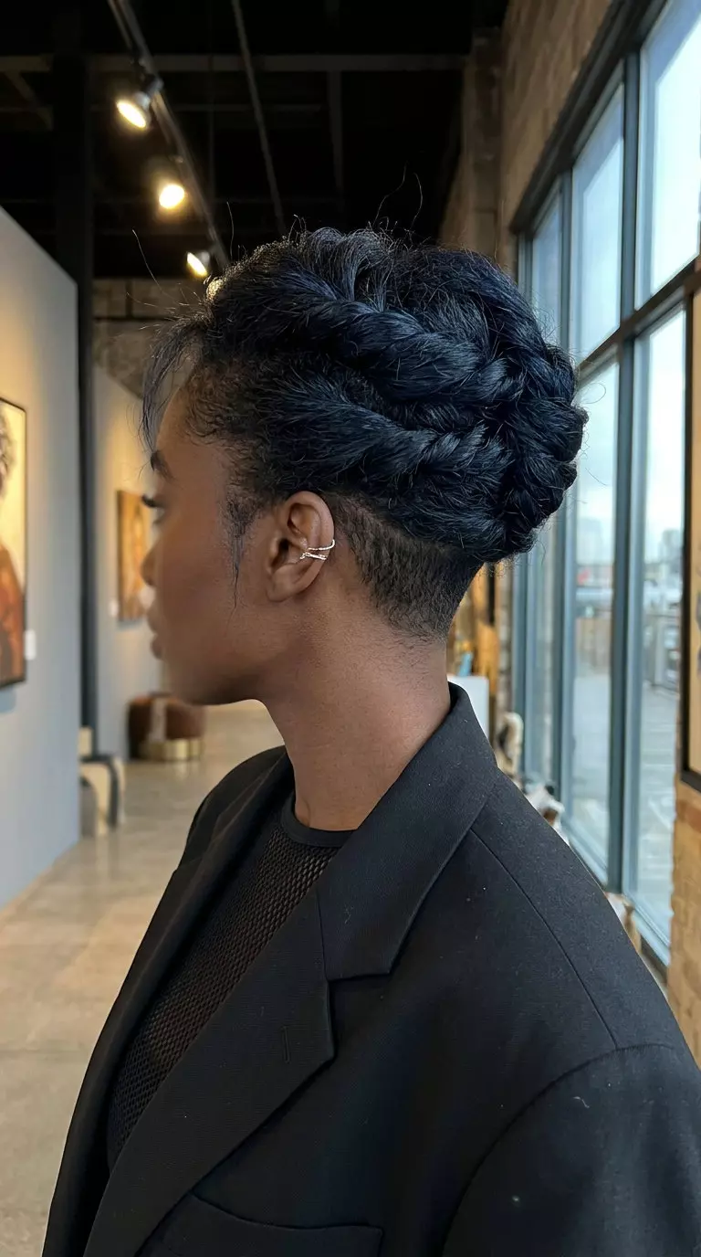 Edgy midnight blue-black twisted updo with undercut for bold modern punk look