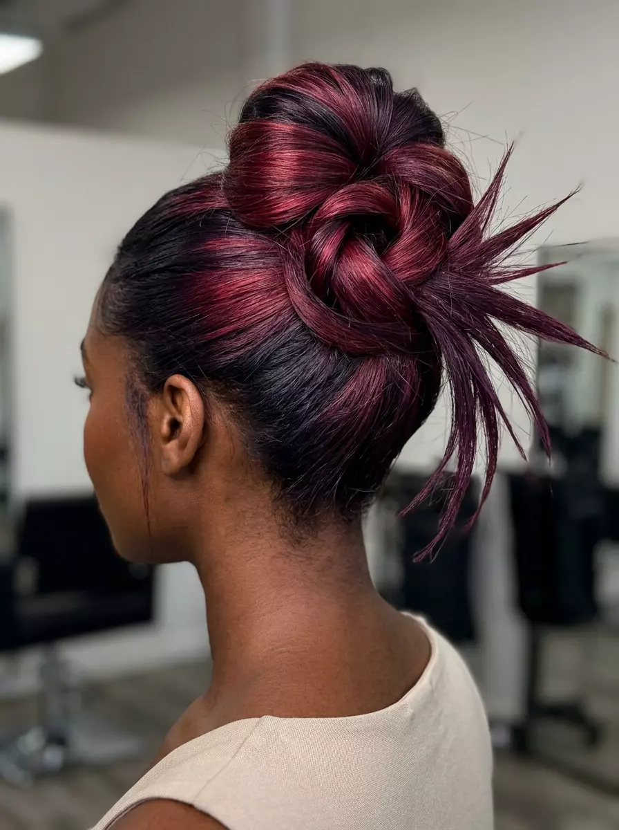 long midnight cherry color melt architectural bun, bold red-violet melt for night out