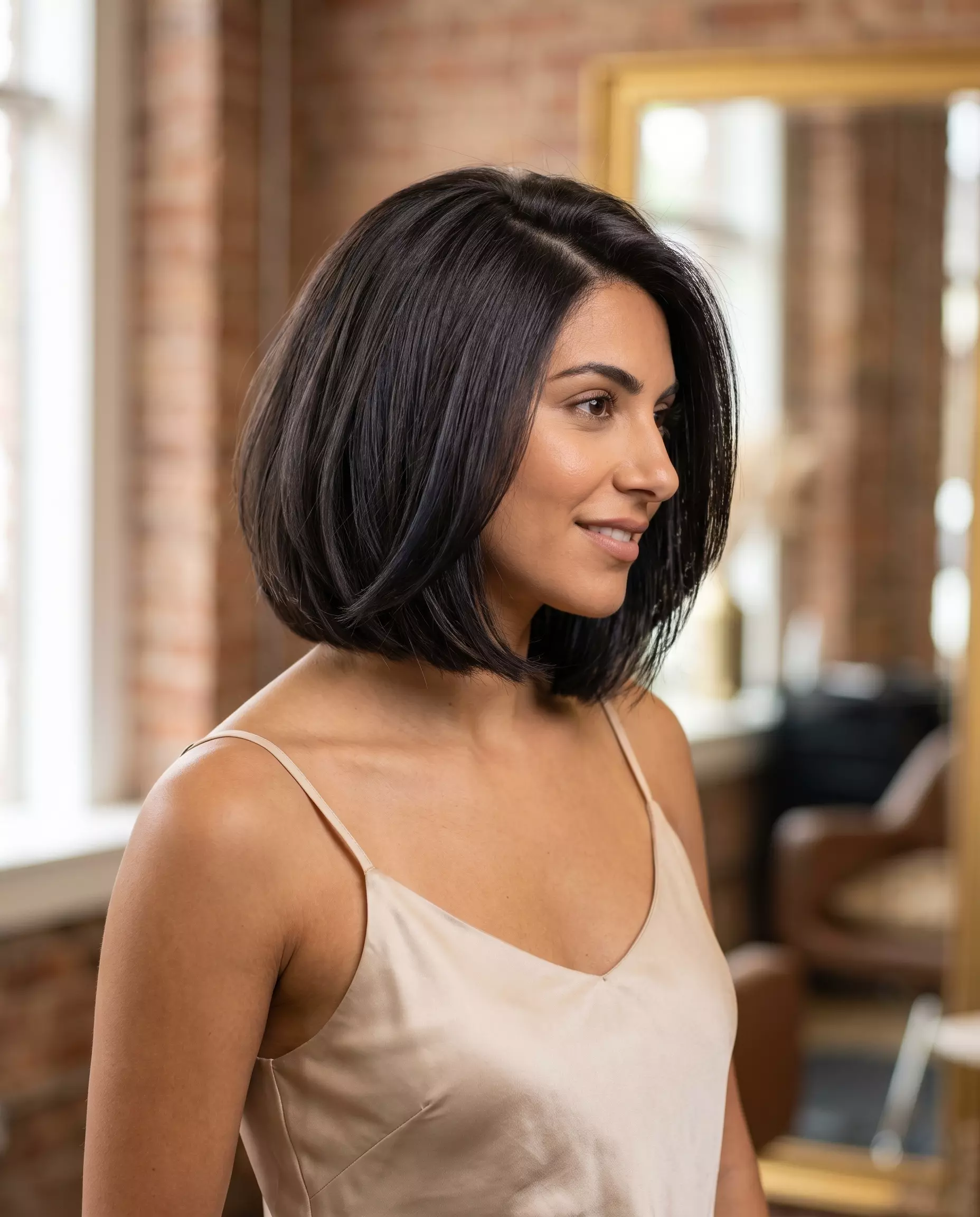 chin-length Italian bob haircut with midnight espresso brown, blunt perimeter, and internal layers for summer 2026