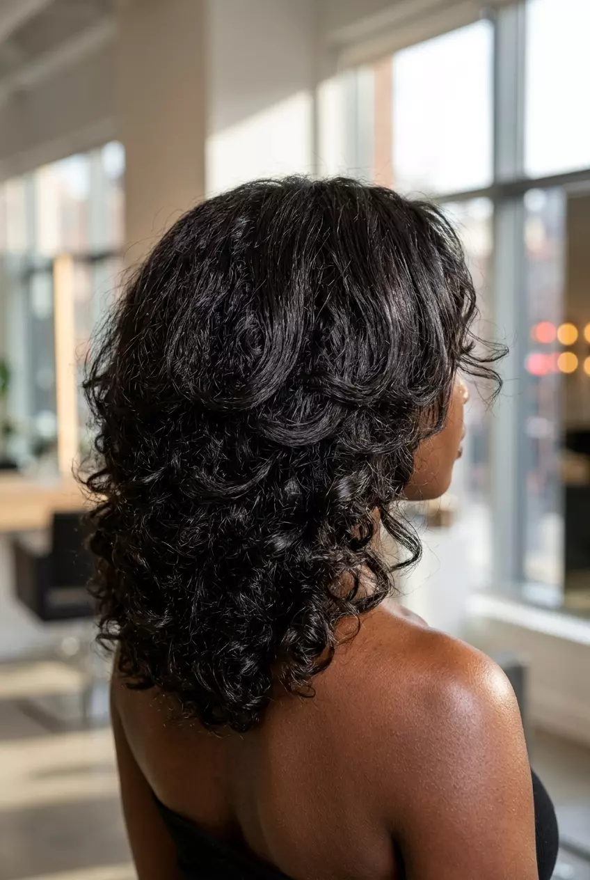long butterfly haircut in midnight espresso with sculpted layers and defined curls for date night
