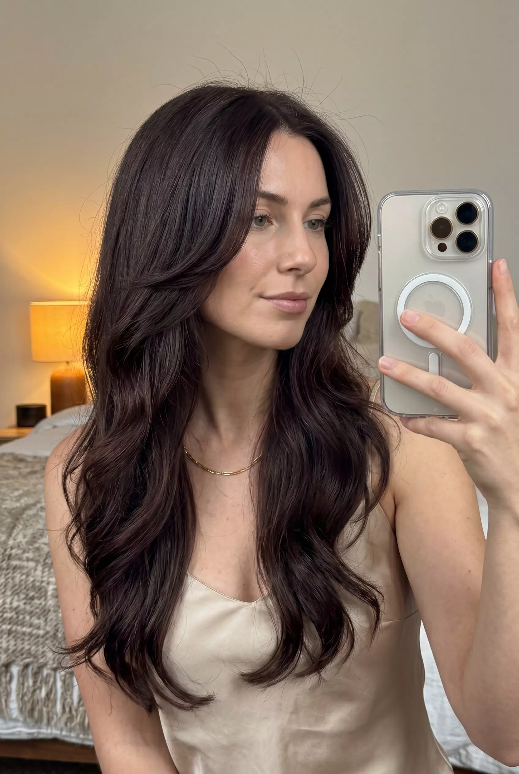 Midnight Espresso Waves 2026: Sultry & Long long midnight espresso brown hair with mahogany undertones, soft layers, no bangs — sultry elegant look