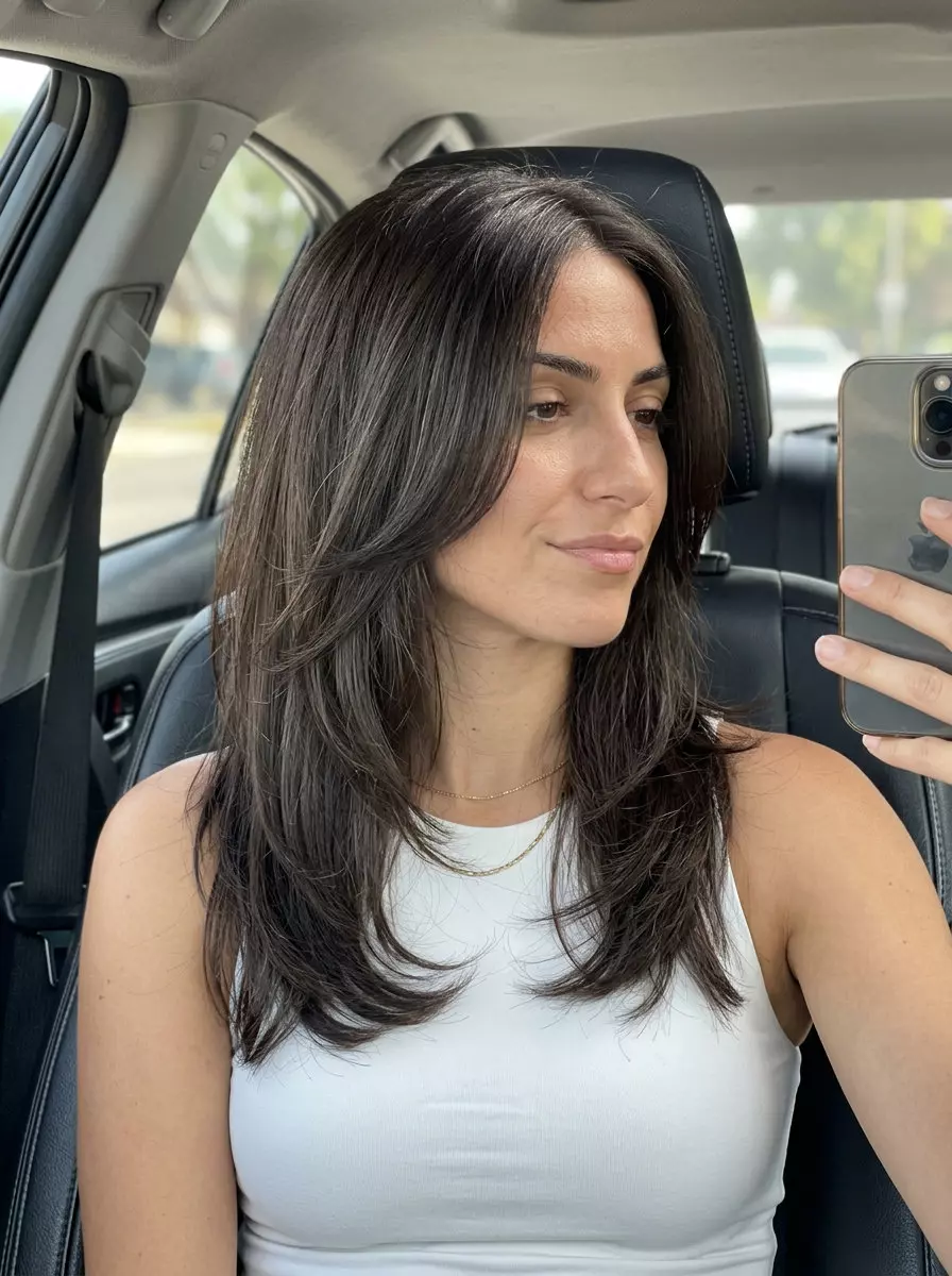 medium-length butterfly haircut in midnight espresso with ash undertones, internal layering, soft face-framing for chic sophistication