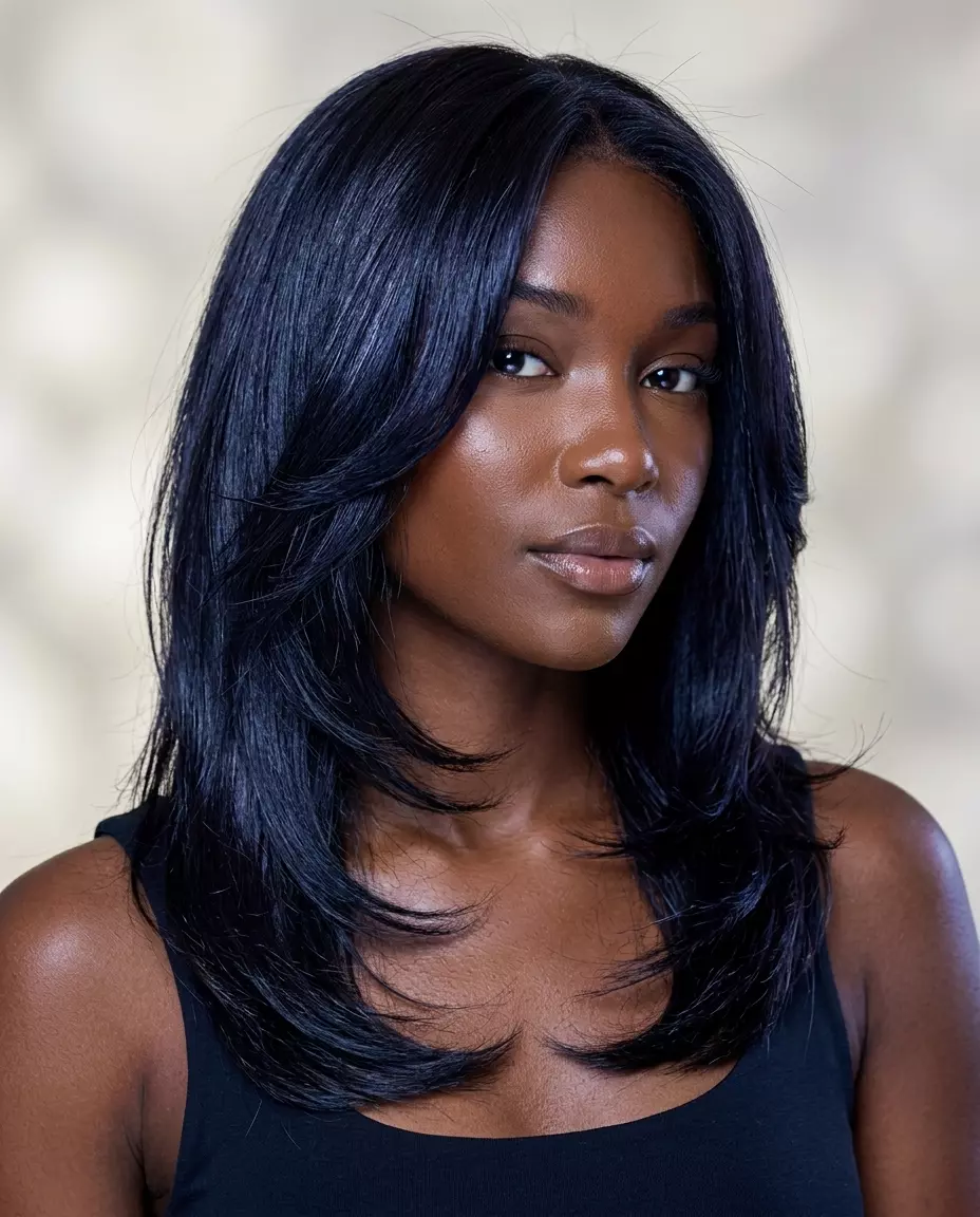 Glossy Midnight Shag Hairstyle 2026: Sultry Brunette medium-long shag with midnight espresso and blue-black undertones, internal layers, no bangs — bold, glamorous