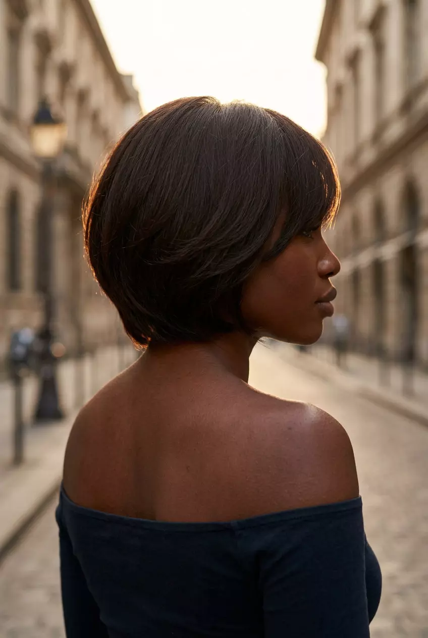 short Italian soft-crop haircut in midnight espresso with side fringe for sophisticated look