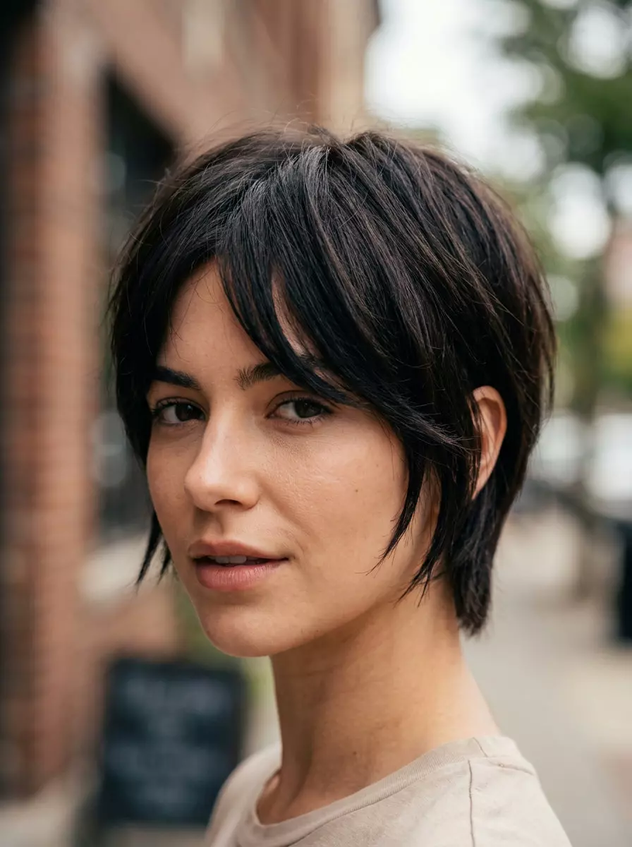 short pixie haircut in midnight espresso with piecey layers and feathered wings for weekend wear