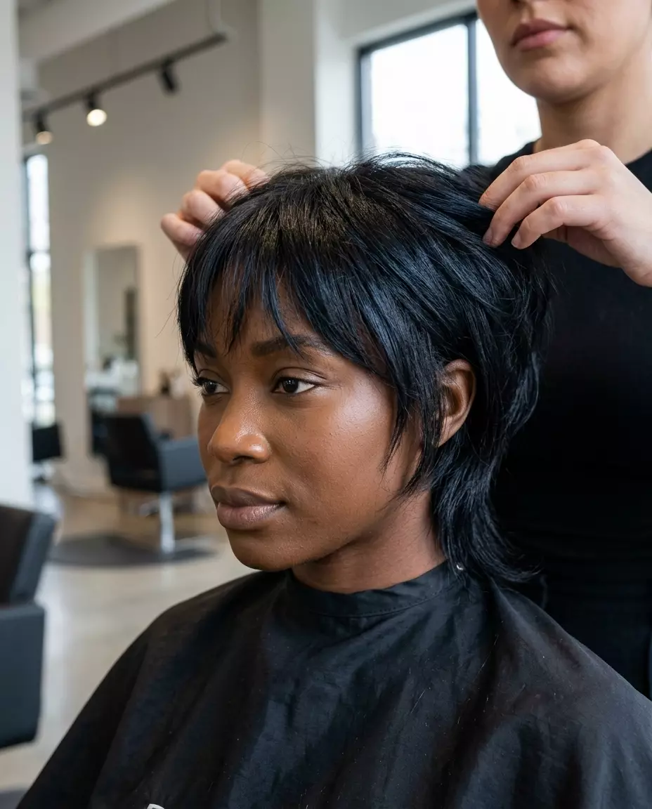 Midnight Espresso Shullet 2026: Edgy & Chic short shullet with deep espresso and blue-black undertones, razored layers, micro-fringe — edgy, bold