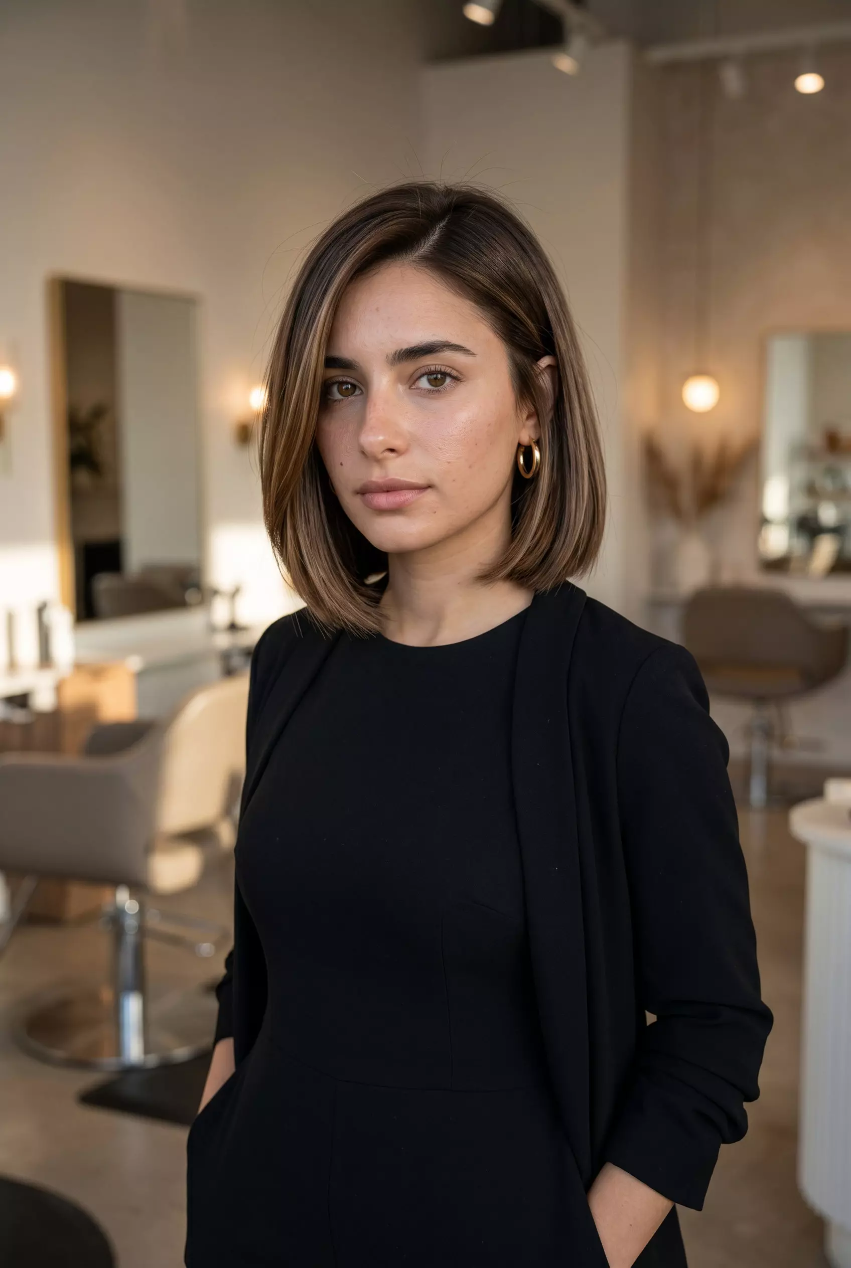 Mocha Brown Sculpted Bob: Polished Summer Hair 2026 short bob haircut in mocha brown with caramel gloss, blunt perimeter and deep side part for summer