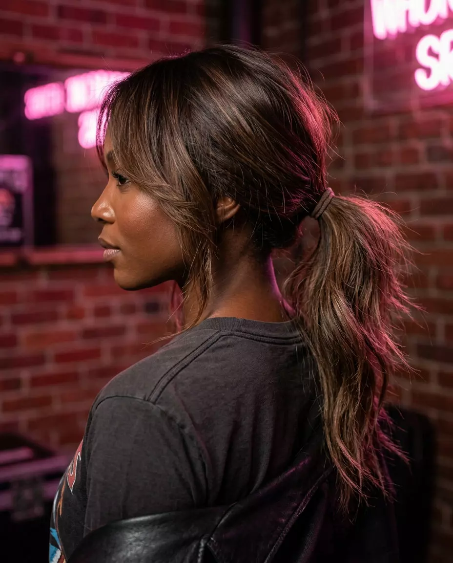Shaggy Wolf Lite Ponytail 2026 medium-long mocha brown ponytail with caramel balayage and shaggy layers for a playful look