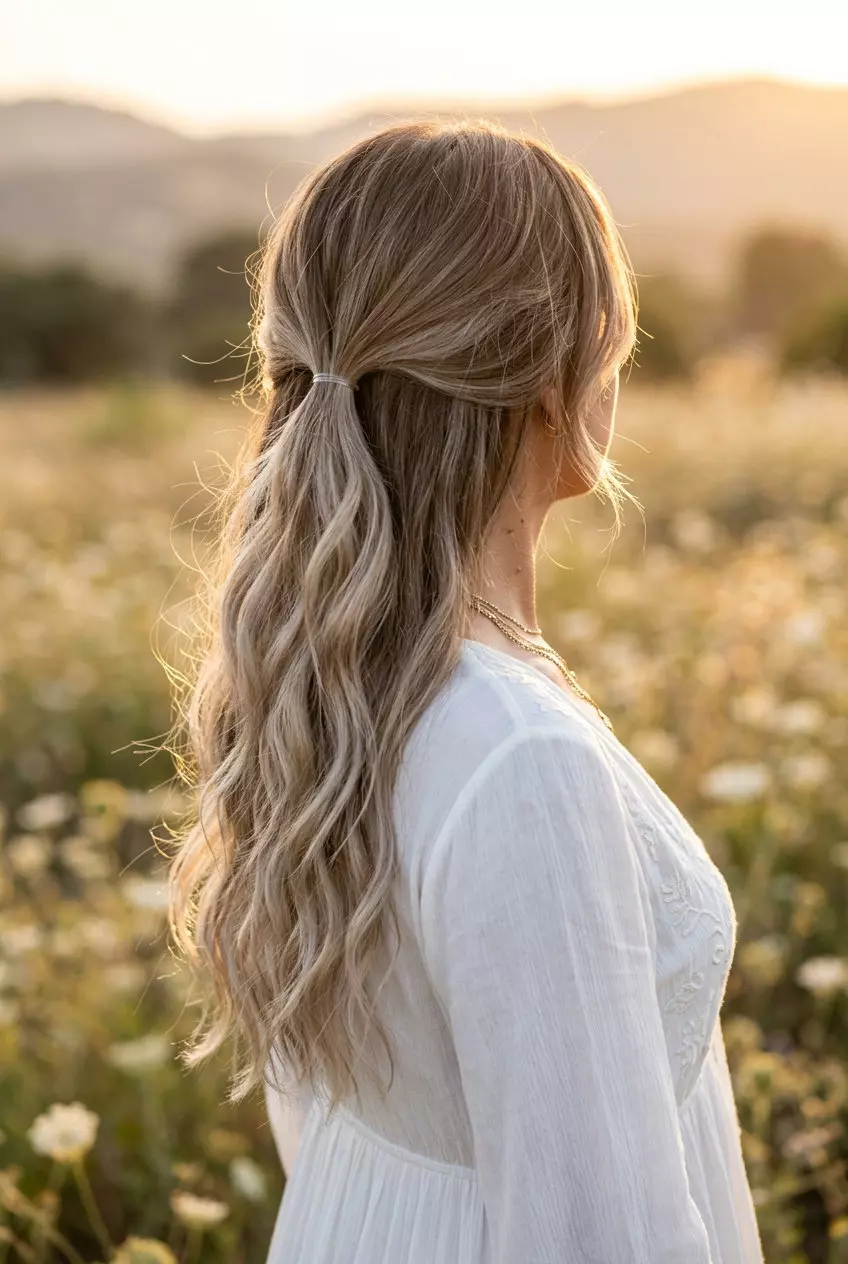Bohemian Ombré Half-Up Ponytail 2026 long mushroom bronde to ash blonde ombré ponytail with soft layers for weekend events