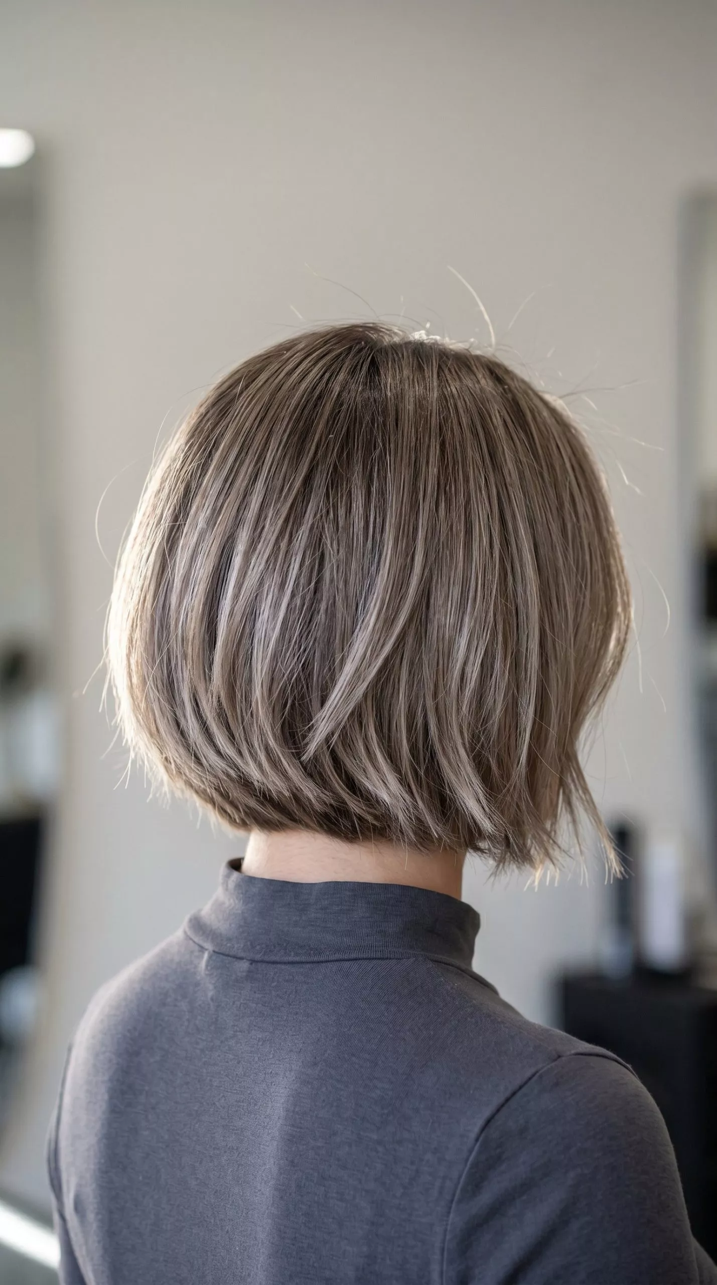 chin-length textured bob haircut in mushroom bronde with ash brown and blonde tones
