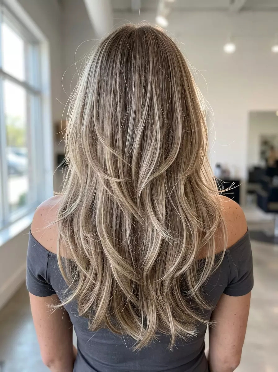 long layered butterfly haircut in mushroom bronde with face-framing layers for casual style