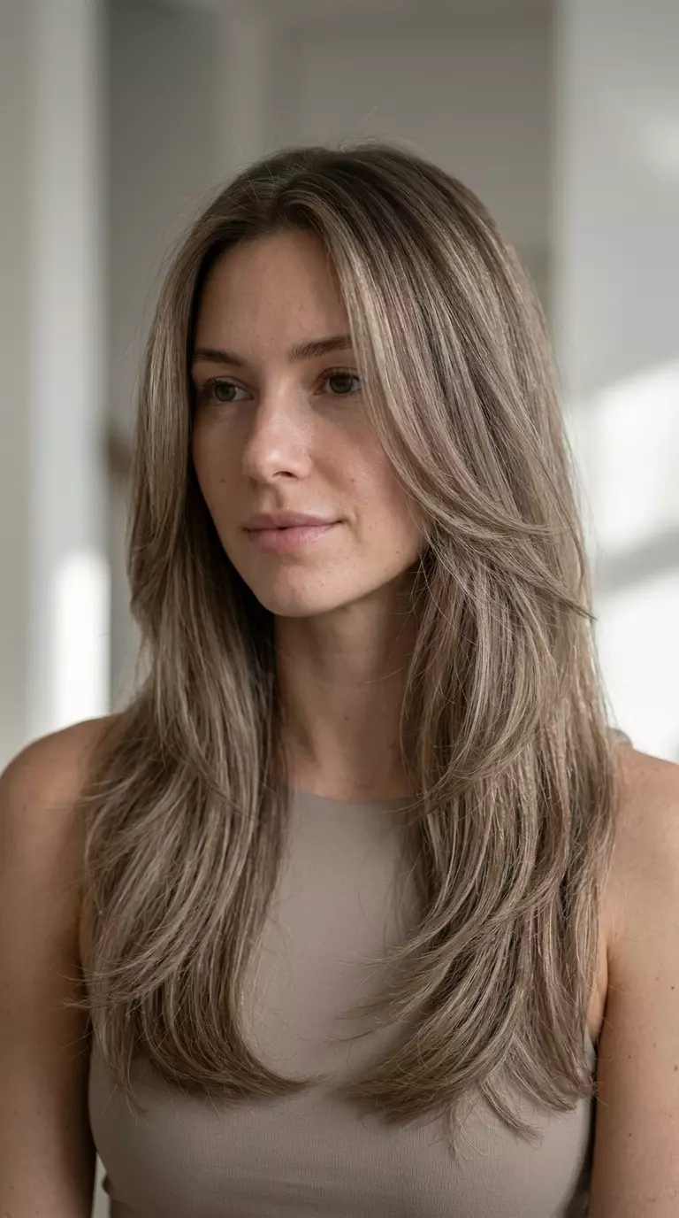 long butterfly haircut in mushroom bronde with beige highlights, ghost layers, no bangs for minimalist effortlessness