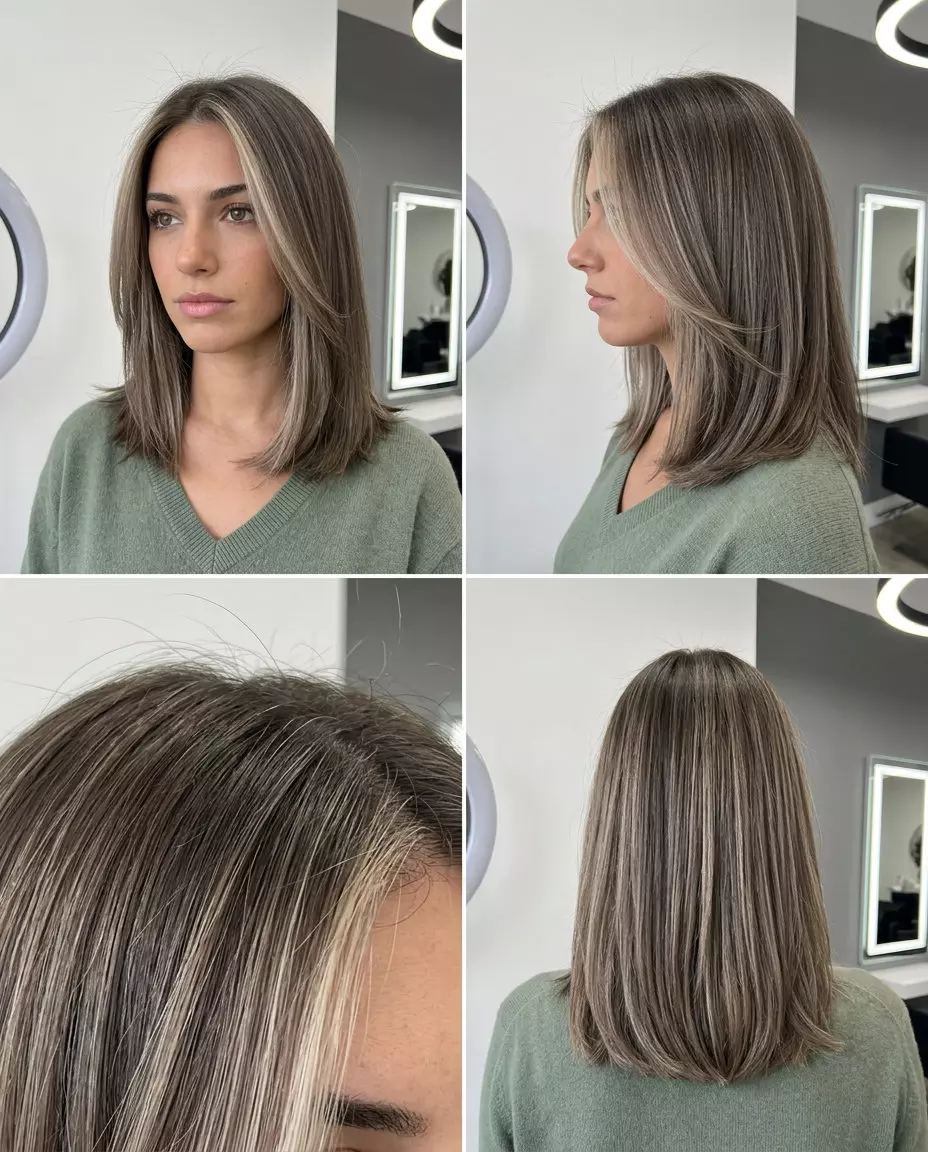 long mushroom bronde face-framing hair with cool ash brown to blonde, babylights &mdash; cool sophisticated