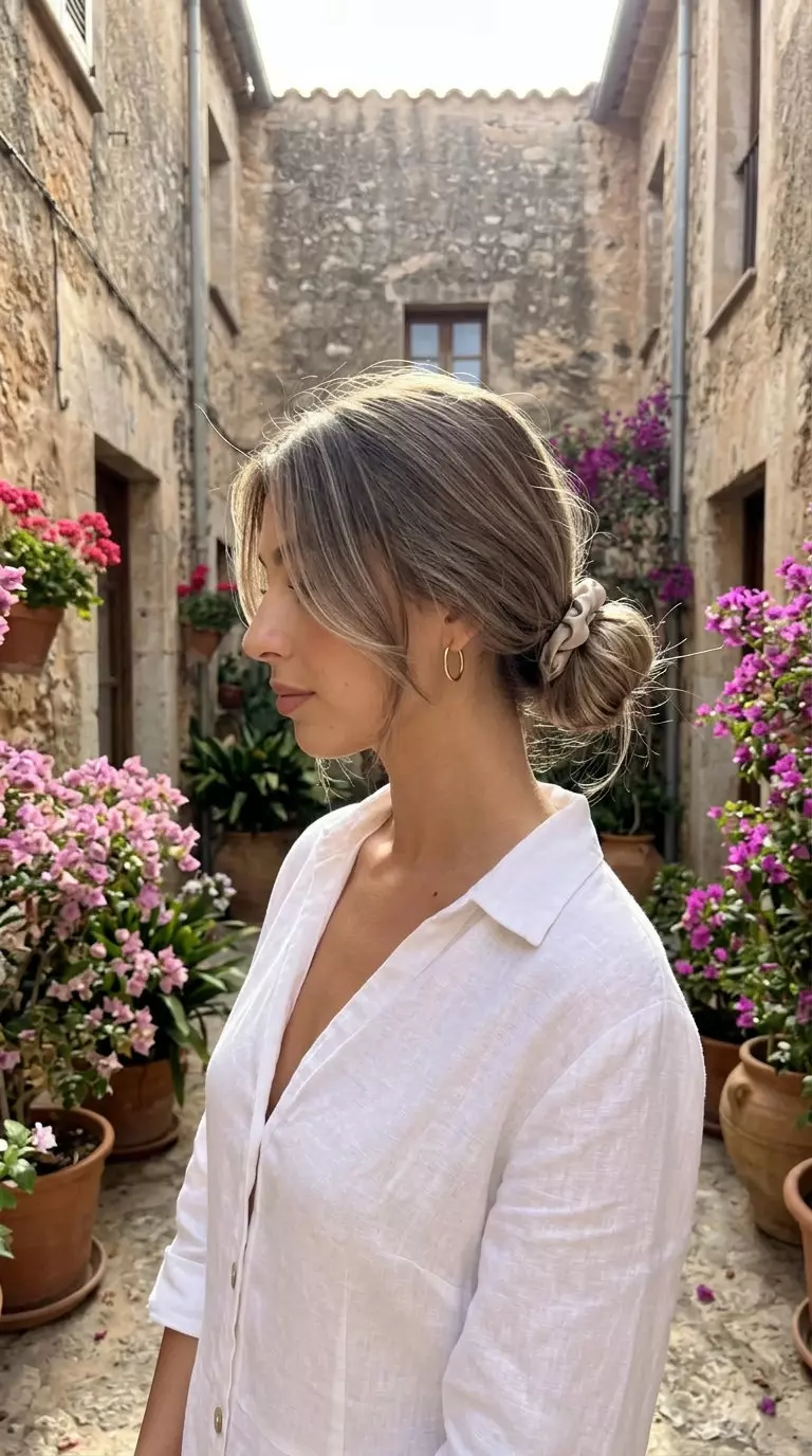 long mushroom bronde textured low bun with cool beige highlights, face-framing layers, no fringe &mdash; effortless summer brunch