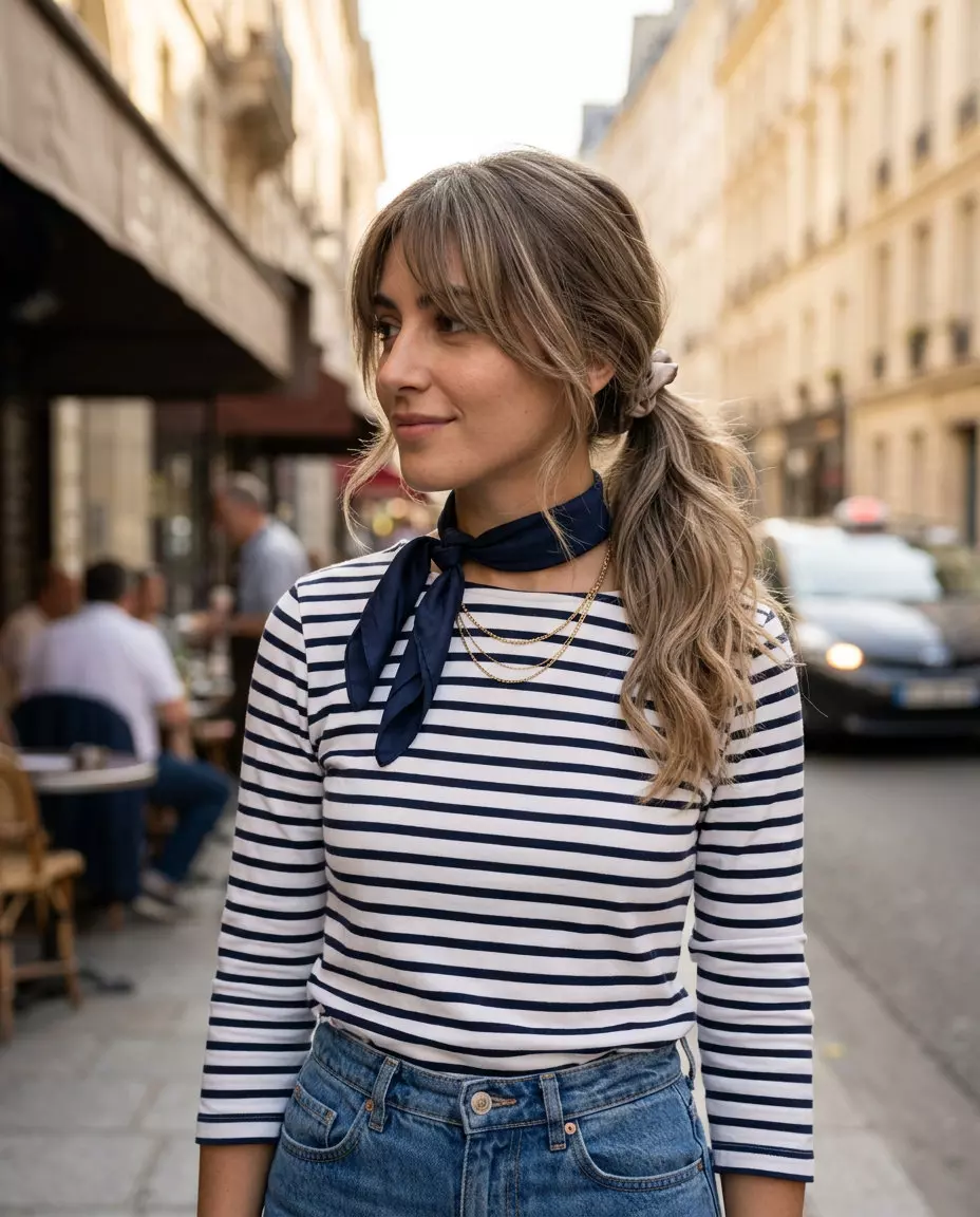 Effortless French Ponytail 2026 medium shoulder-length mushroom bronde ponytail with ash babylights and Birkin bangs for casual dates