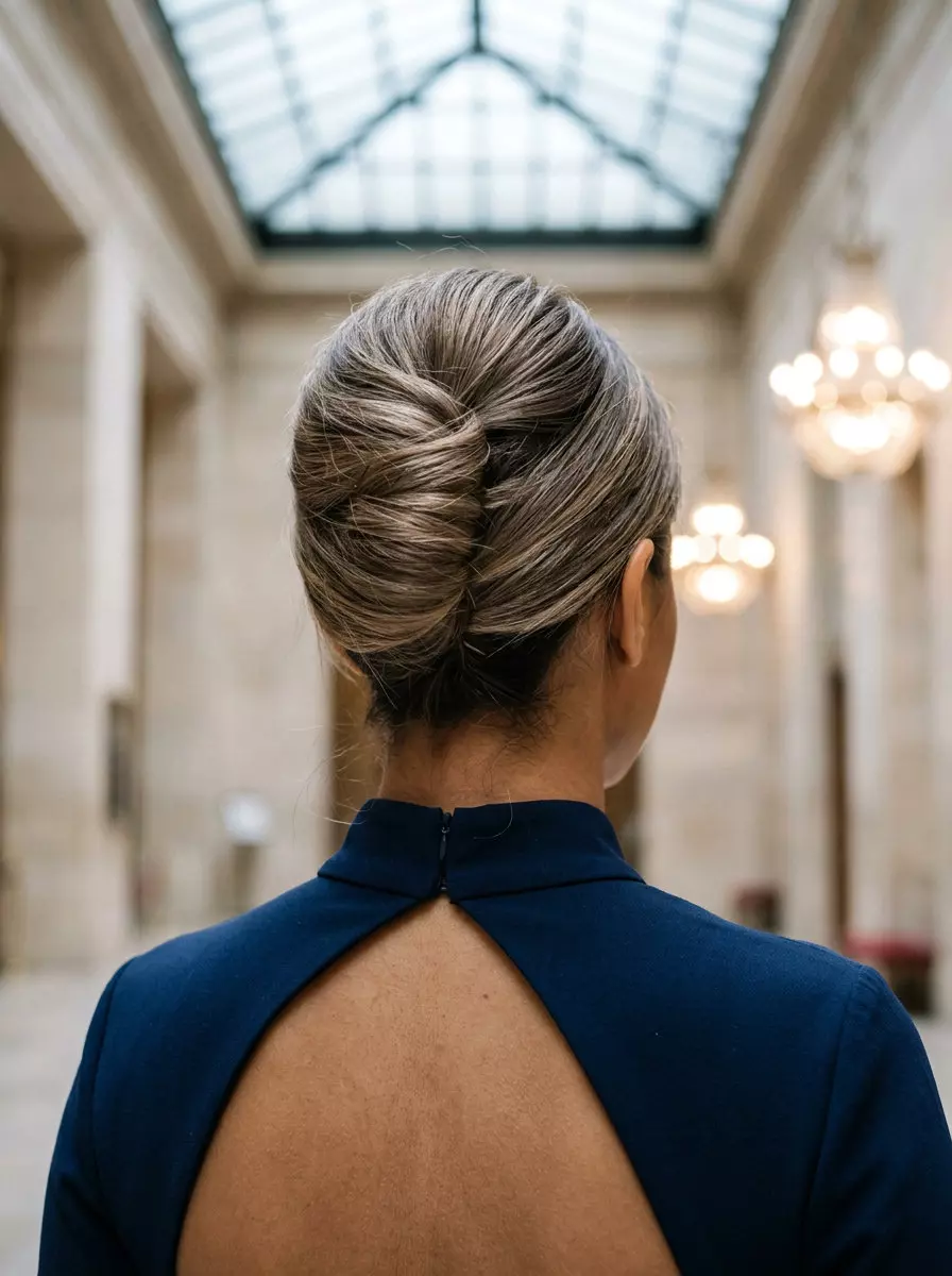 medium mushroom bronde French twist bun with ash brown & beige highlights, root smudge, no fringe &mdash; sophisticated summer event
