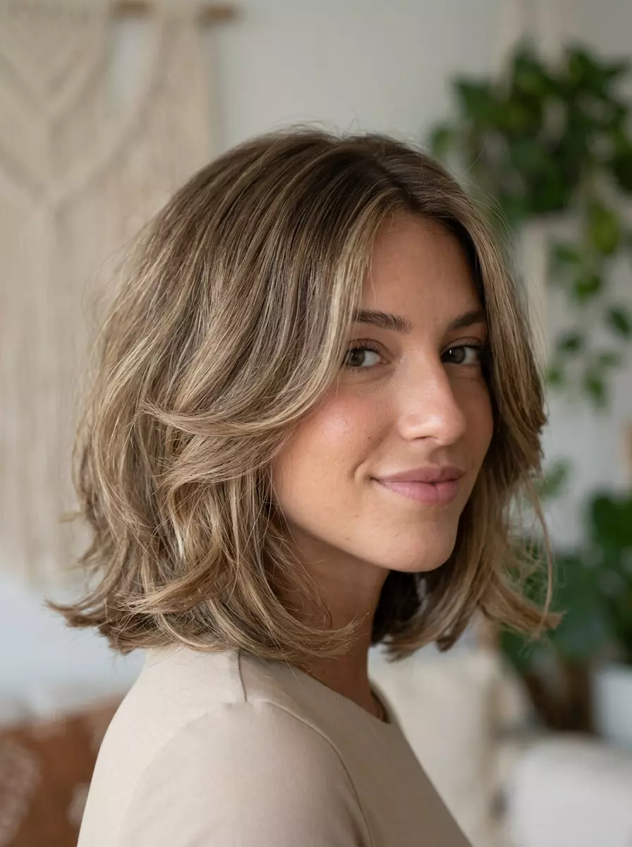 chin-to-shoulder butterfly haircut in mushroom bronde with beige highlights, graduated layers, soft face-framing for chic effortlessness