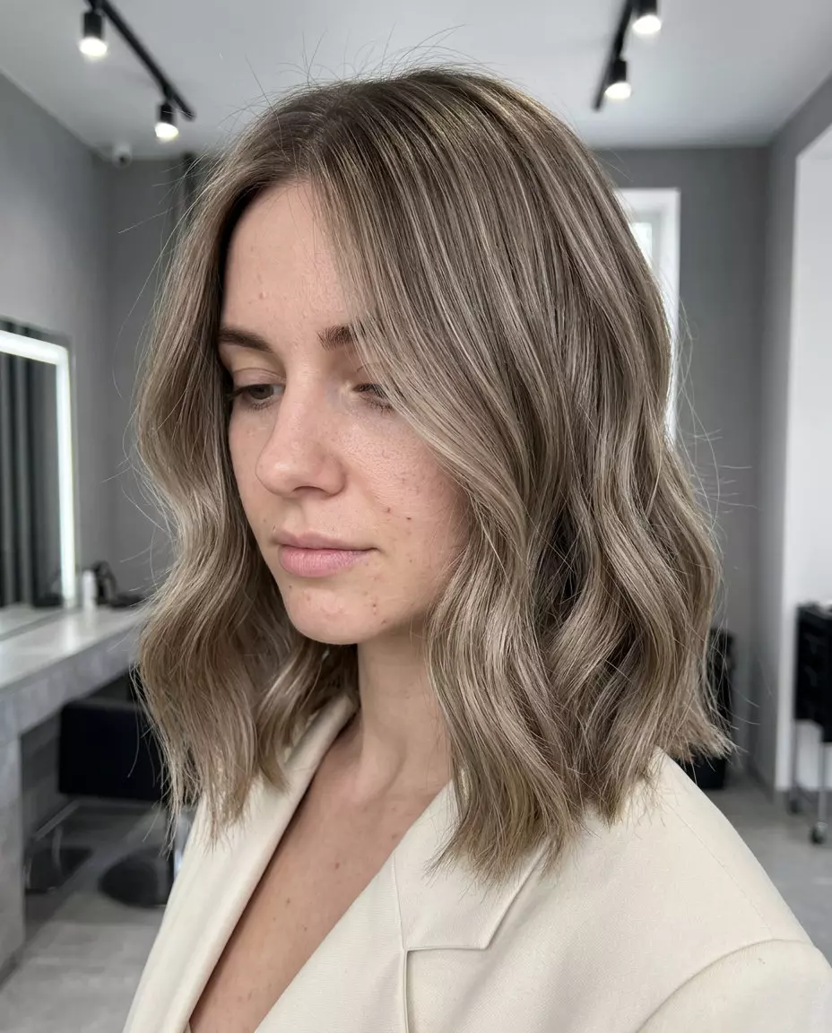 medium lob haircut mushroom bronde with soft layers and face-framing pieces, reverse balayage technique &mdash; sophisticated effortless daily wear