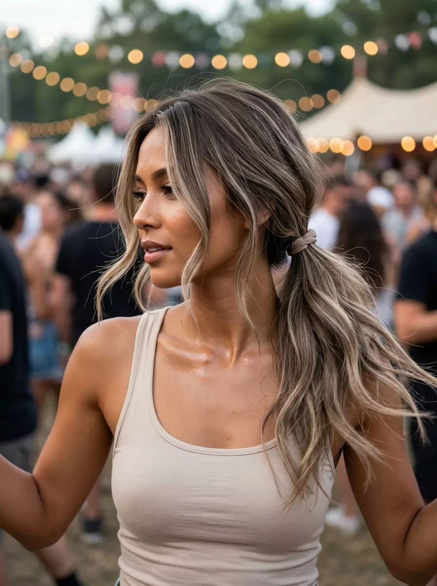 Effortless Mushroom Bronde Low Pony 2026 medium-long mushroom bronde ponytail with ash babylights and face-framing layers for daily wear