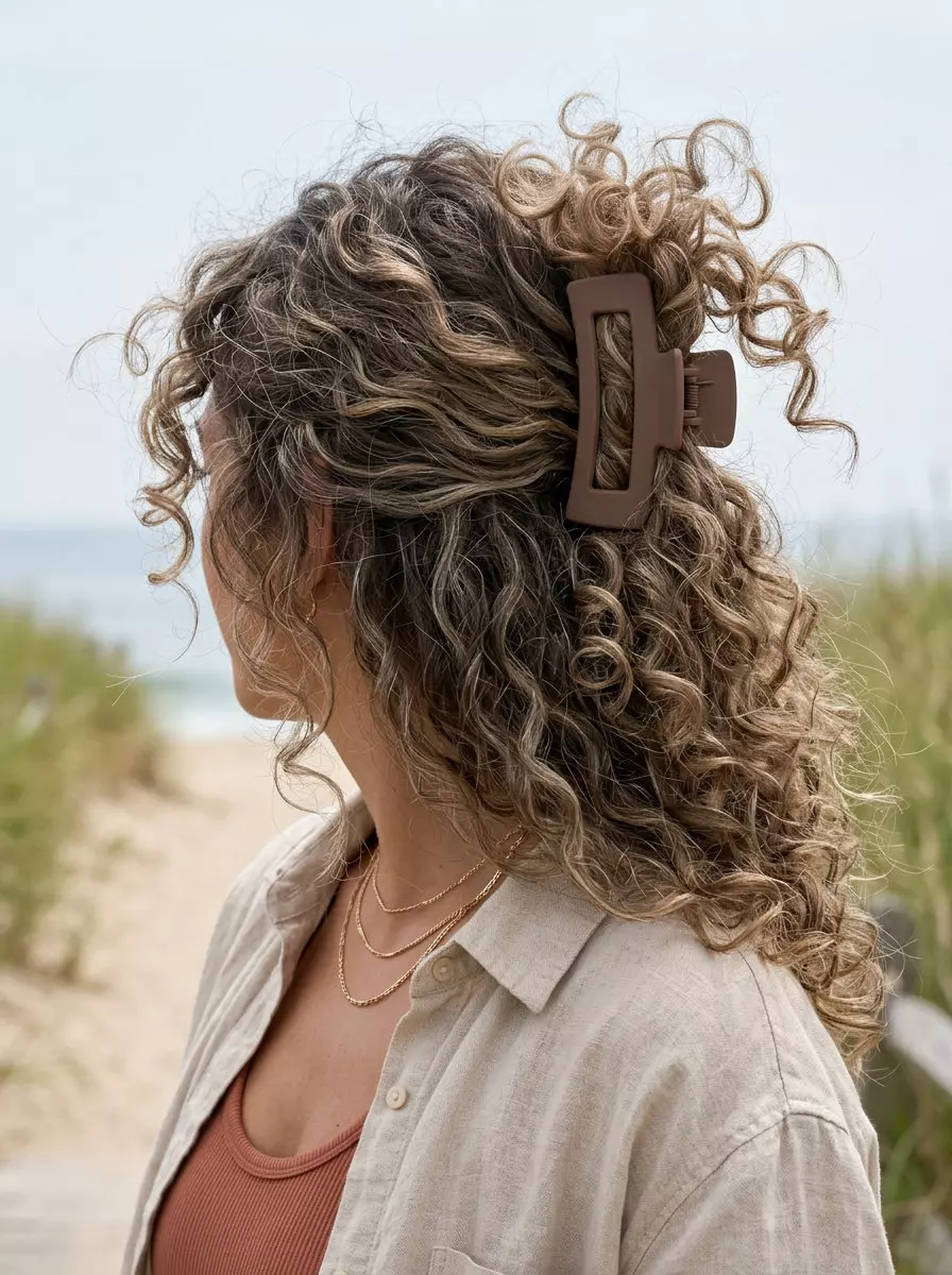 medium-long curly hair updo with mushroom bronde, textured layers, face-framing tendrils &mdash; effortless Y2K style