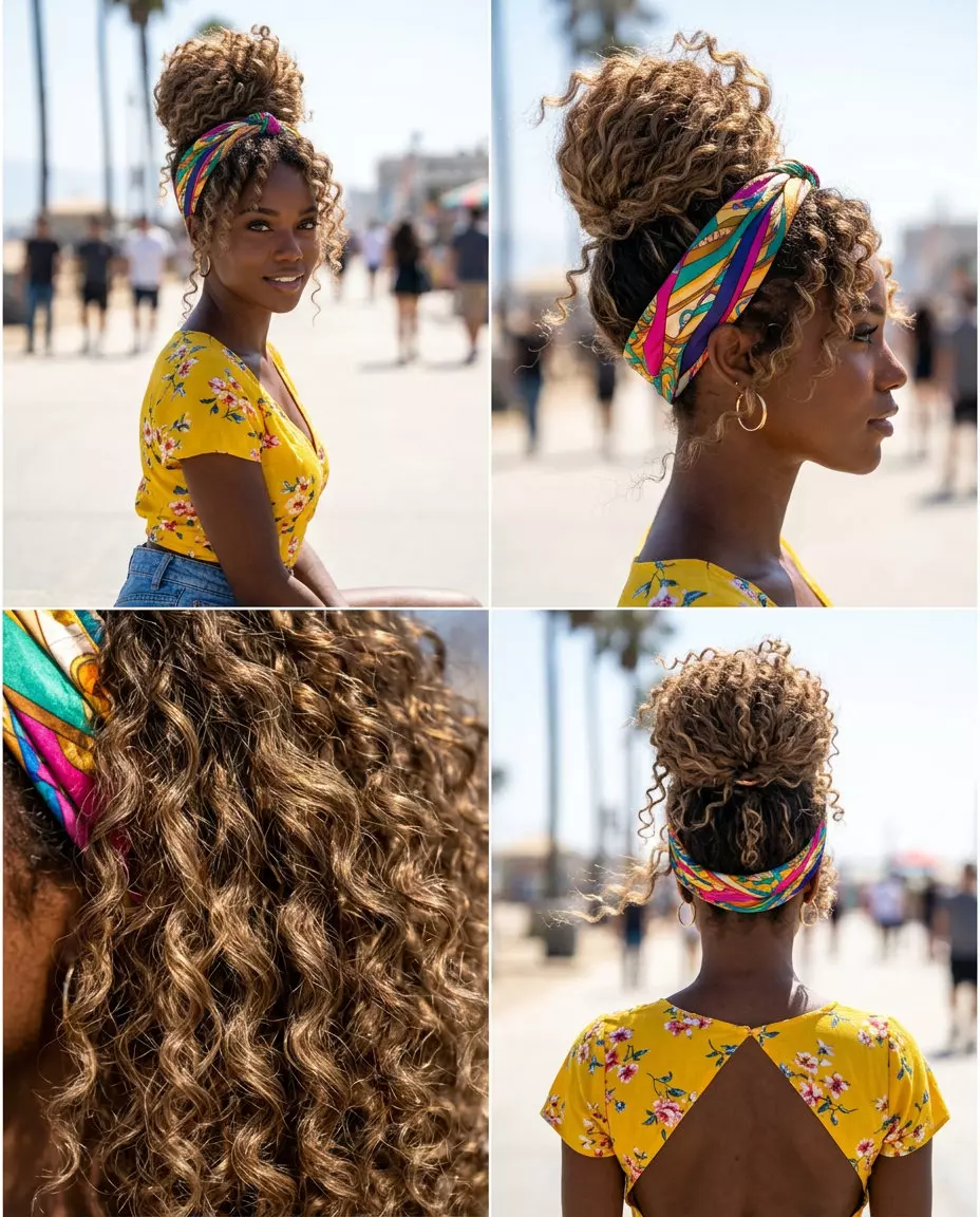 medium-long curly mushroom bronde pineapple pop with sun-kissed dimension for festivals