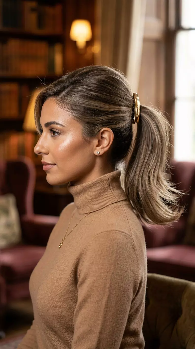 'Old Money' Barrette Ponytail 2026 medium mushroom bronde ponytail with ash babylights, blunt cut, no fringe — sophisticated event style