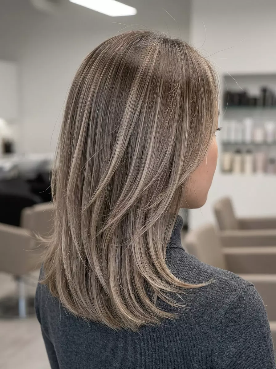 mid-length layered haircut in mushroom bronde with cool beige babylights and airy fringe for natural look