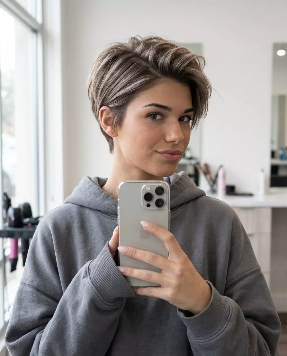 short textured pixie mushroom bronde with shorter sides, reverse balayage technique &mdash; modern minimalist edgy style