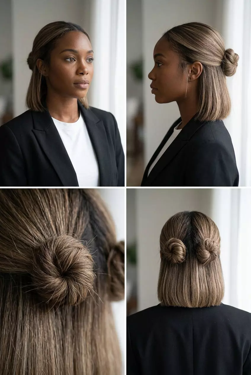 shoulder-length blunt haircut in mushroom bronde with beige babylights and mini space buns for summer