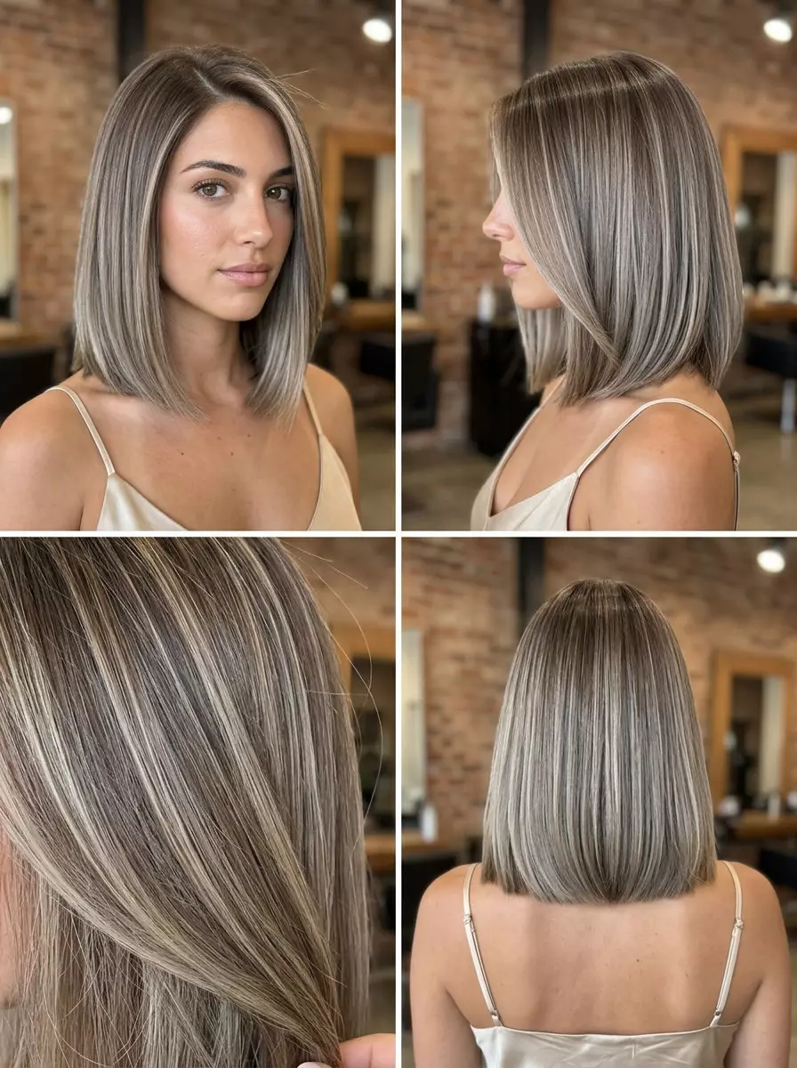 Sleek Mushroom Bronde Bob 2026 shoulder-length mushroom bronde bob with subtle babylights and deep side part for professional meetings