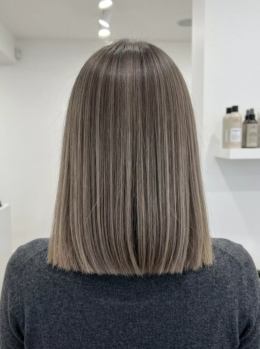 long mushroom brown balayage with cool beige ribbons and ash shadow root, lived-in, for corporate events
